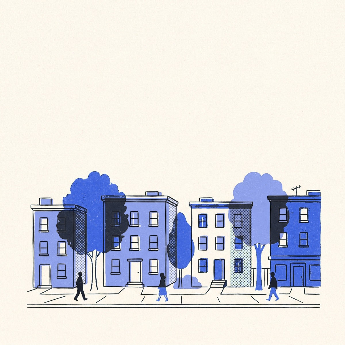 A warm city street of apartment buildings with people walking